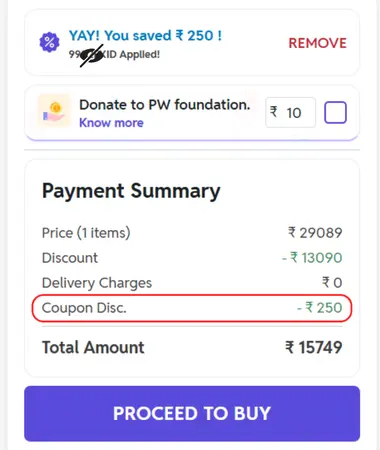 PW checkout showing ₹250 coupon discount applied